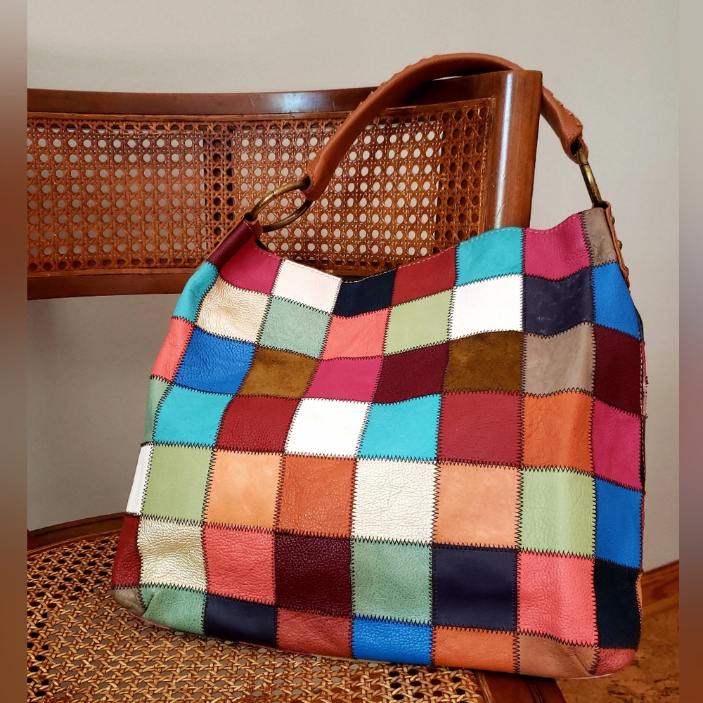 Colorful boho leather patchwork shoulder bag tote